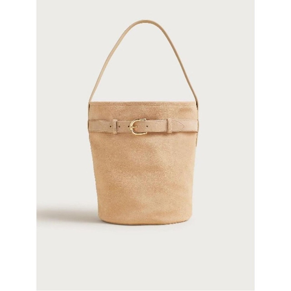 J.Crew beige suede bucket handbag with a decorative belt and gold-tone buckle